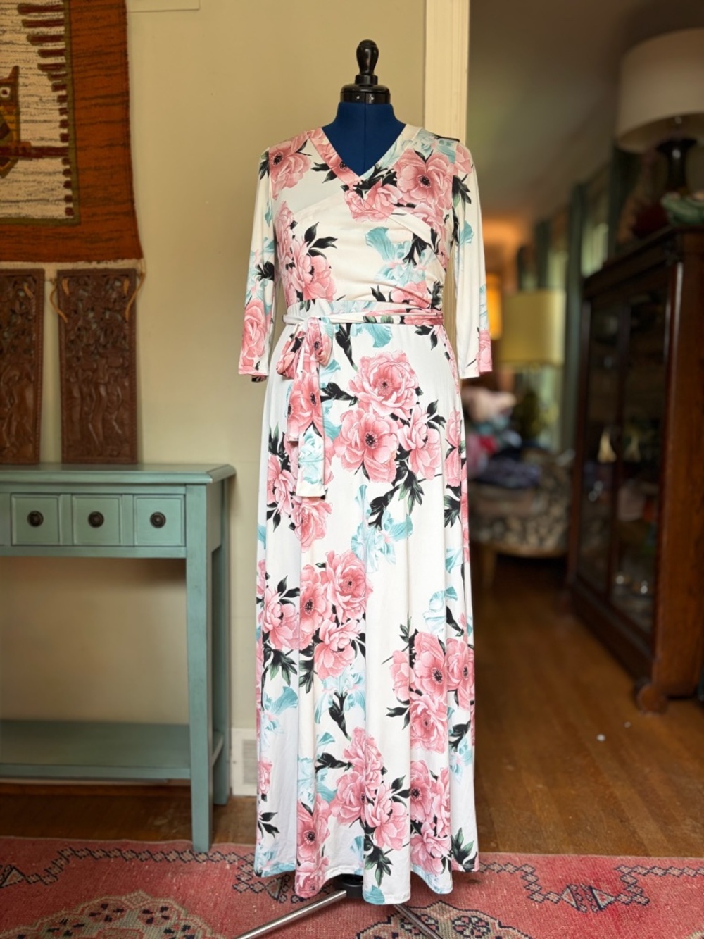 Floral Wrap Pink Rose Print 3/4 Sleeve Maxi Dress